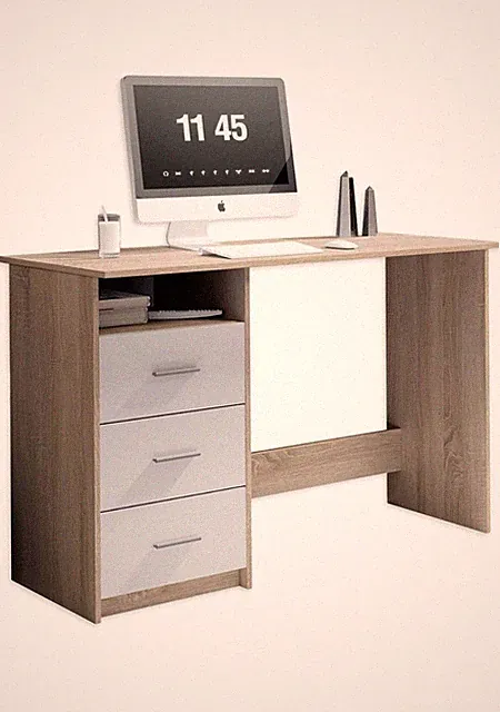 Schreibtisch Spanplatte Braun/Weiß mit 3 Schubladen & Regalfach 105x75x48 cm