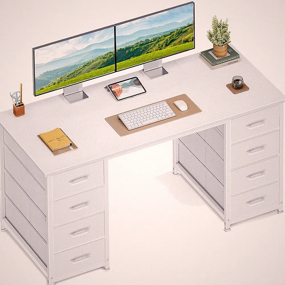 Schreibtisch Stoffschubladen 120x48cm Weiß Büro Retro Klassisch