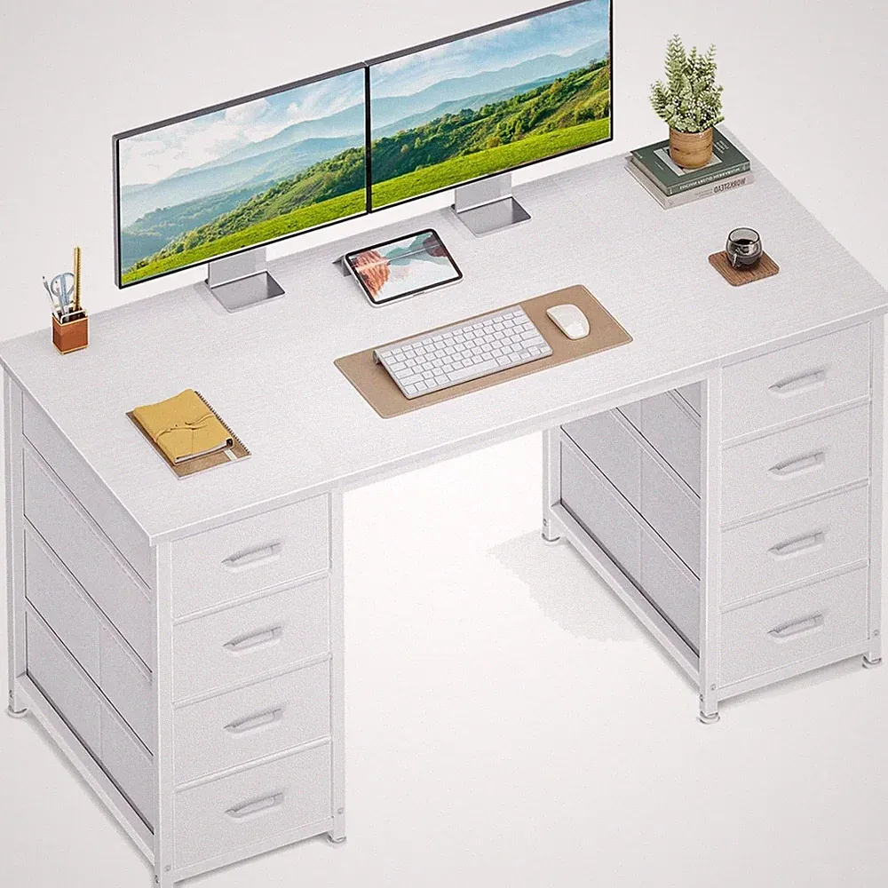 Schreibtisch Stoffschubladen 120x48cm Weiß Holz Stahl Büro Schreibtisch