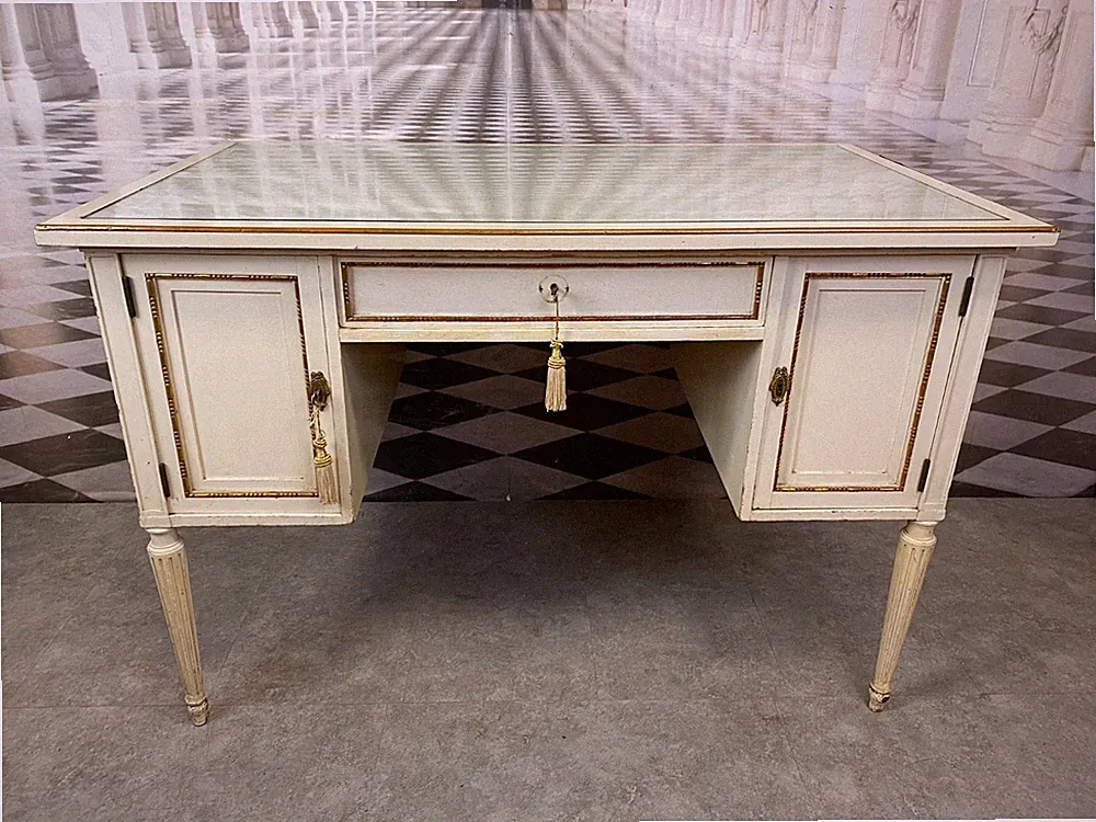 Schreibtisch Tisch Möbel Stilmöbel Louis Seize Holz mit Glasplatte 20. Jh.