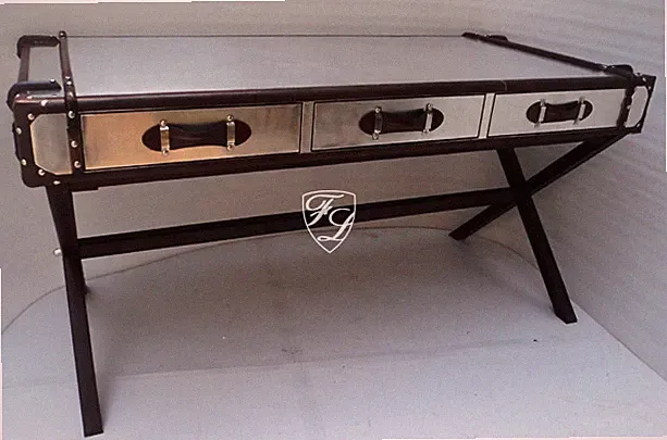 Schreibtisch Tragbar Maritim kolonialstil Aluminium Holz Schublade Leder Neu