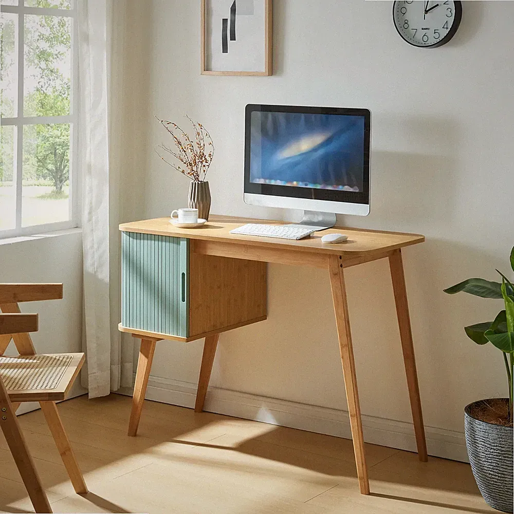 Schreibtisch Tysvær 75x105x48 cm Bambus/ Blau [en.casa]