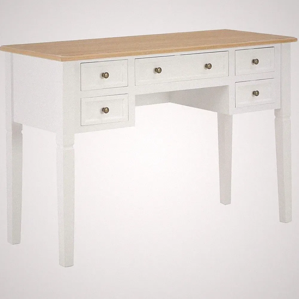 Schreibtisch Weiß 109,5x45x77,5cm Kiefernholz 5 Schubladen Landhaus Stil Messing