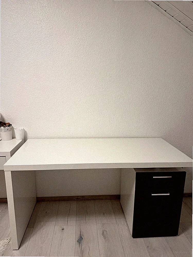 Schreibtisch Weiß 145x65x80 cm freistehend mit 1 Schublade & 1 Schrank einfarbig