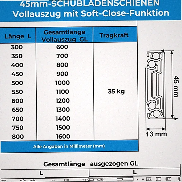 SCHUBLADENSCHIENE VOLLAUSZUG Schubladenauszug Teleskopschienen SoftClose Schiene