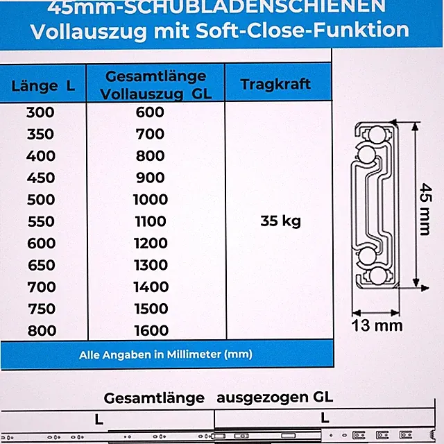 SCHUBLADENSCHIENE VOLLAUSZUG Schubladenauszug Teleskopschienen SoftClose Schiene