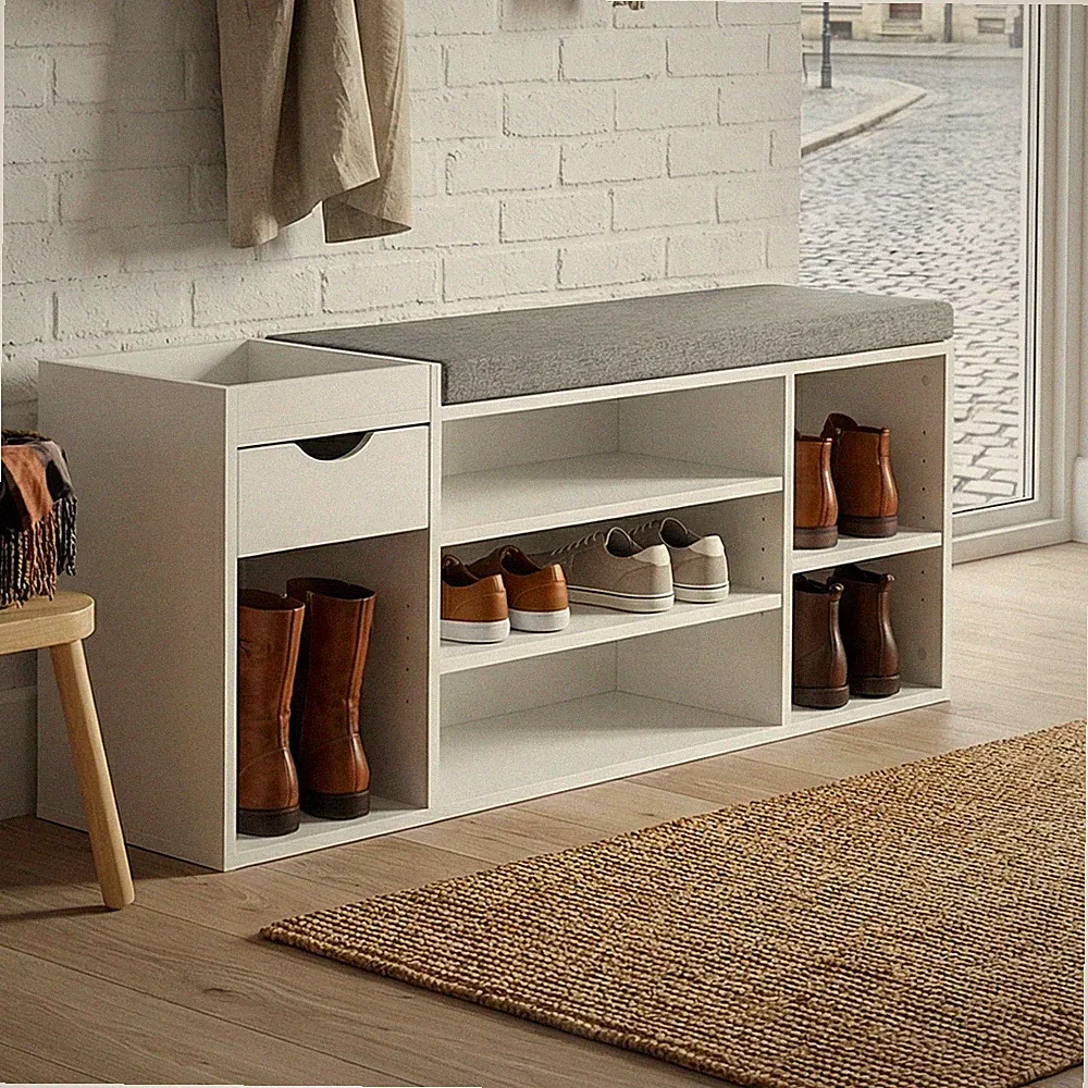 Schuhbank 100cm Weiß Sitzbank Flurbank Schuhregal Flurmöbel mit Schublade Modern