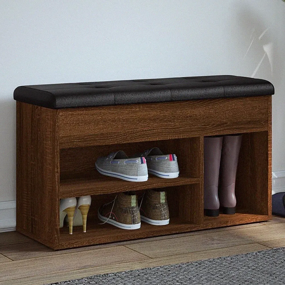 Schuhbank 82x32x45cm Braun Eichenoptik Holz Kunstleder Sitzbank