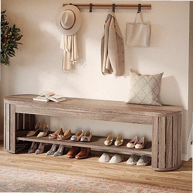 Schuhbank aus Holz mit Stauraum, 160 cm Lange 2-stufige Sitzbank für Flur