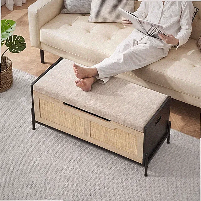 Schuhbank mit Sitzfläche & Groß Stauraum, 100x40x46cm Rattan-Aufbewahrungstruhe