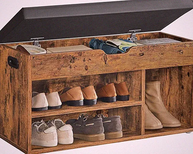 Schuhbank mit Sitzfläche & Stauraum, gepolstert, 3 Fächer Vintage Braun