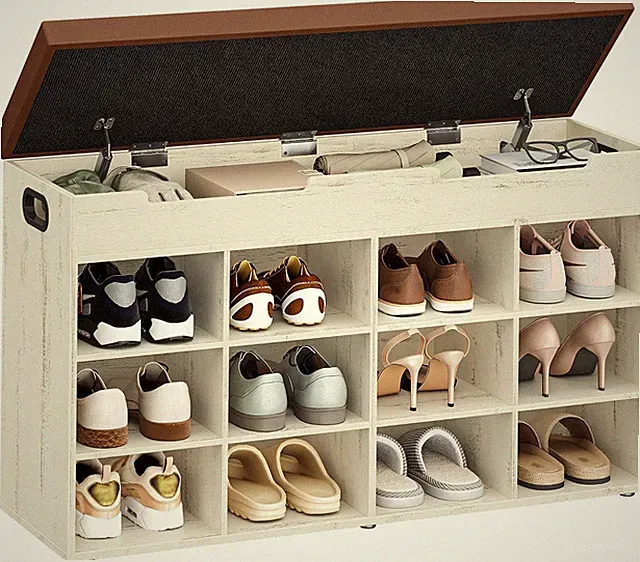 Schuhbank mit Sitzfläche Vintagebraun-Weiß 12 Fächer 30x100x55cm für Flur