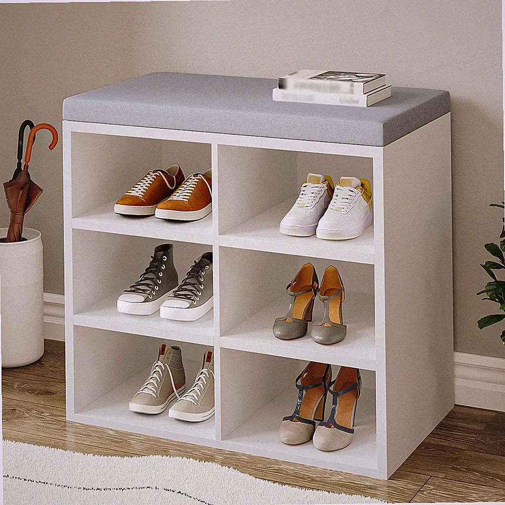 Schuhbank Sitzfläche Weiß Grau 6 Fächer Eingangsbereich Möbel 30x60x52,7cm