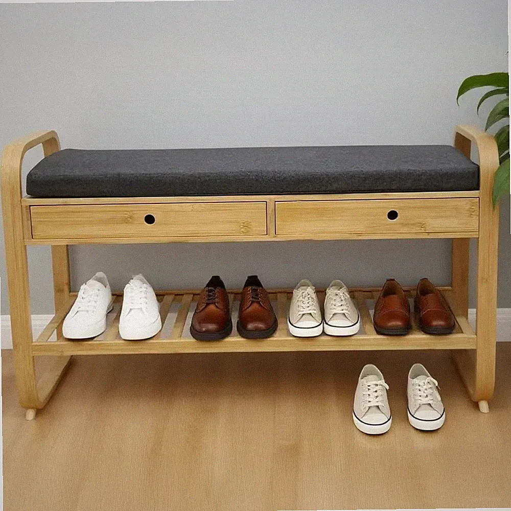Schuhbank ZEN-BO - 100cm - natur grau - Bambus - Regal Sitzbank mit Schubladen