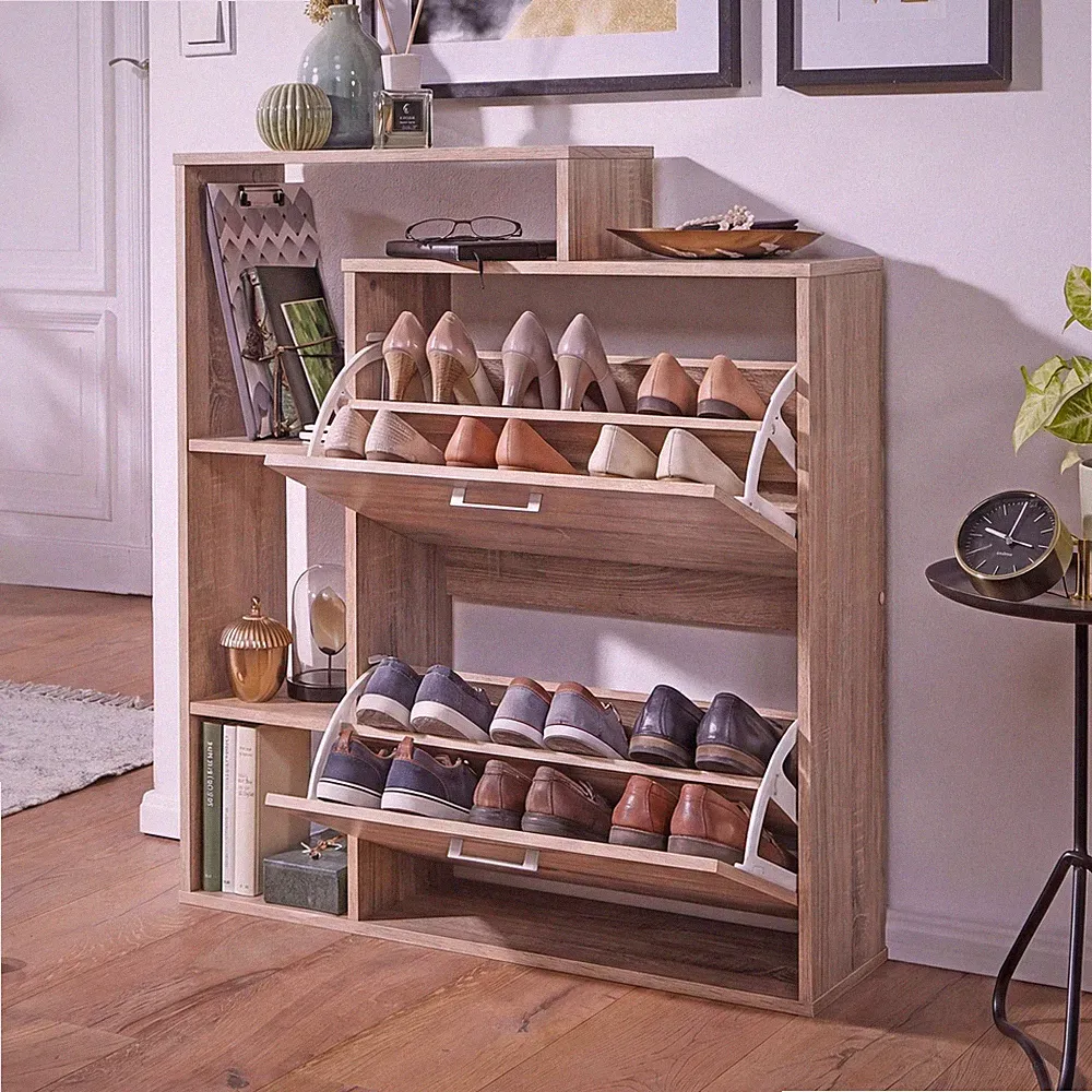 Schuhkipper MASSA Holz 2 Fächer Sonoma 12 Paar Schuhe Schuhschrank Schuhkommode