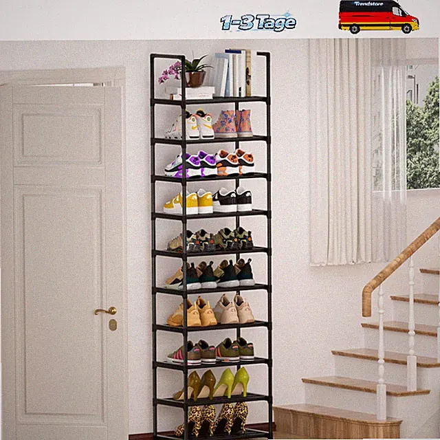 Schuhregal 10 Ebenen Metall Schmal Hoch Schwarz