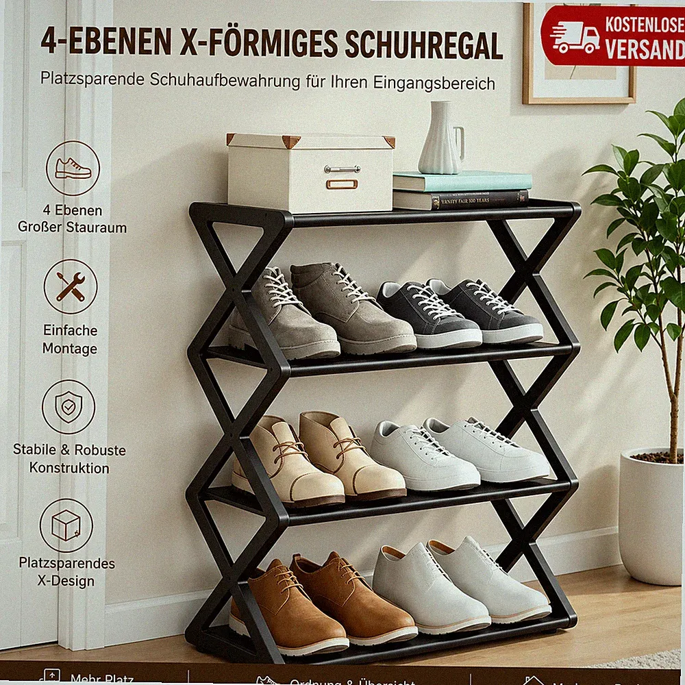 Schuhregal 4 Ebenen X-Design – Platzsparend – Schuhständer – Schuhaufbewahrung