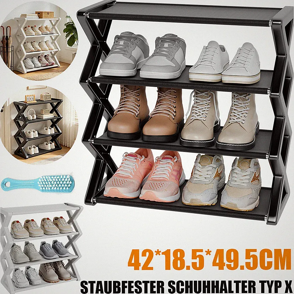 Schuhregal 4 Ebenen X-Design Schwarz Stapelbar Platzsparend Flur Regal 42cm