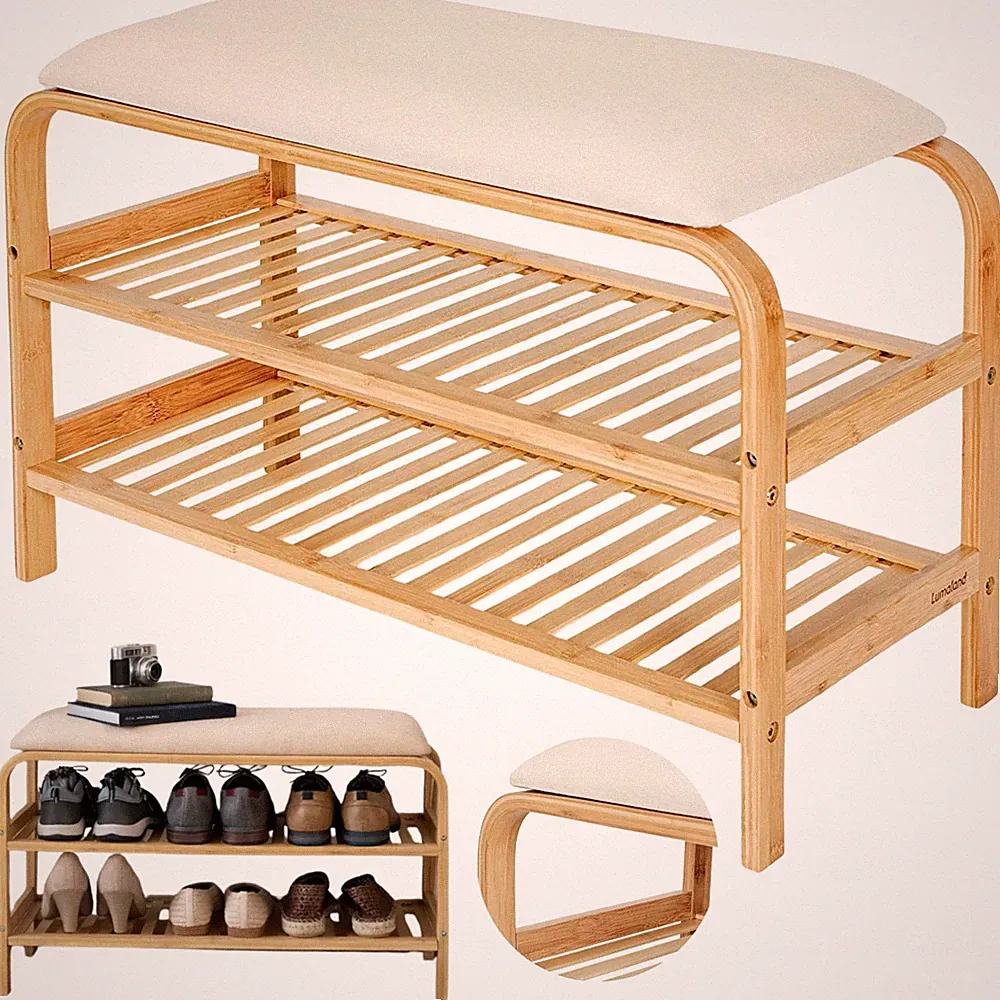 Schuhregal aus Bambus mit Sitzbank Schuhbank Sitzkissen 70x30x46cm Beige