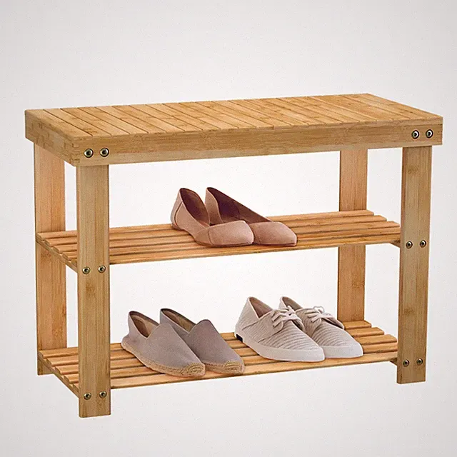 Schuhregal Schuhbank Schuhablage Holz mit Sitzbank 3 Ablagen aus Bambus