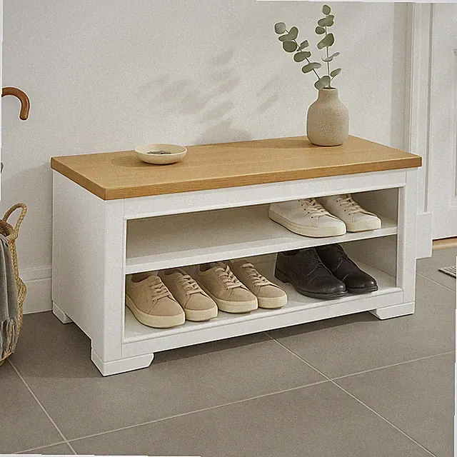 Schuhregal Schuhkommode Flur Sitzbank Landhaus Massivholz weiß / hellbraun