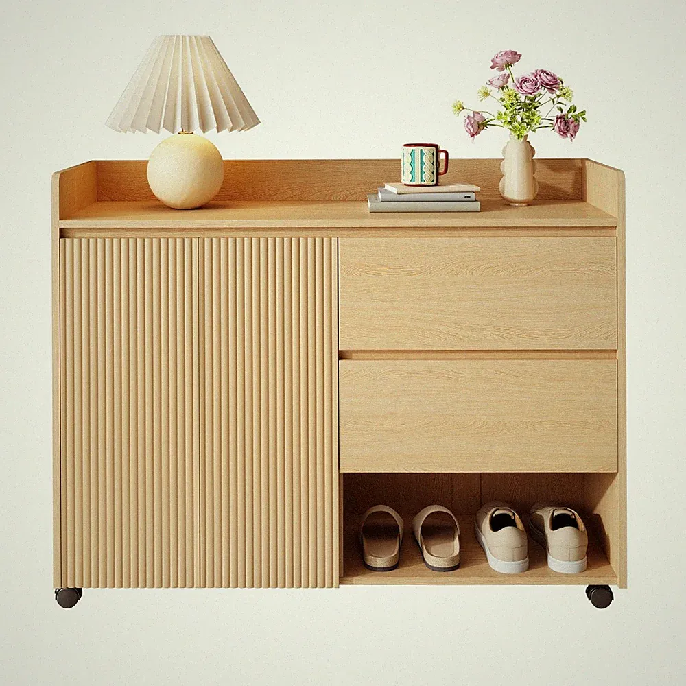 Schuhschrank 110x35x86 cm Natur MDF mit Rollen Schubladen Stauraum