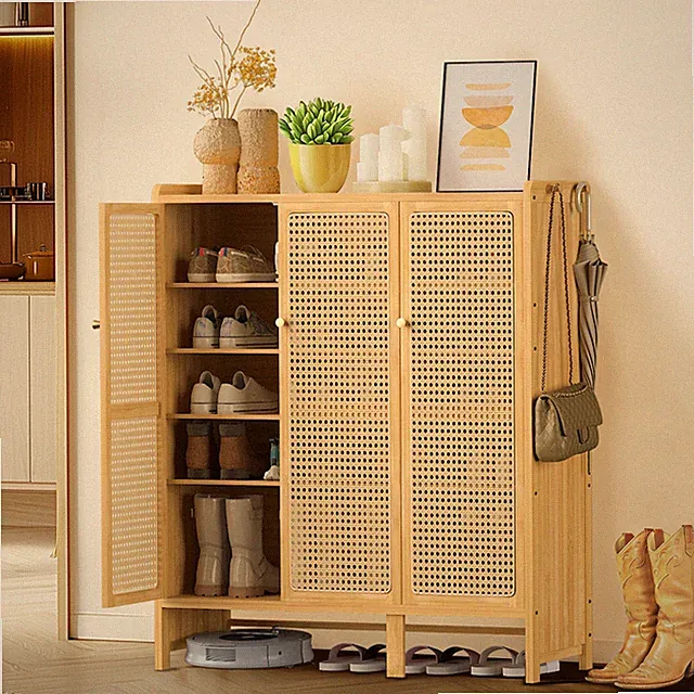 Schuhschrank Boho Schuhkommode Bambus Schuhregal mit Türen Schuhablage Holz