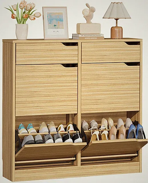 Schuhschrank mit 4 Klappen, Schuhkipper Schmal mit 2 Schubladen, freistehende...