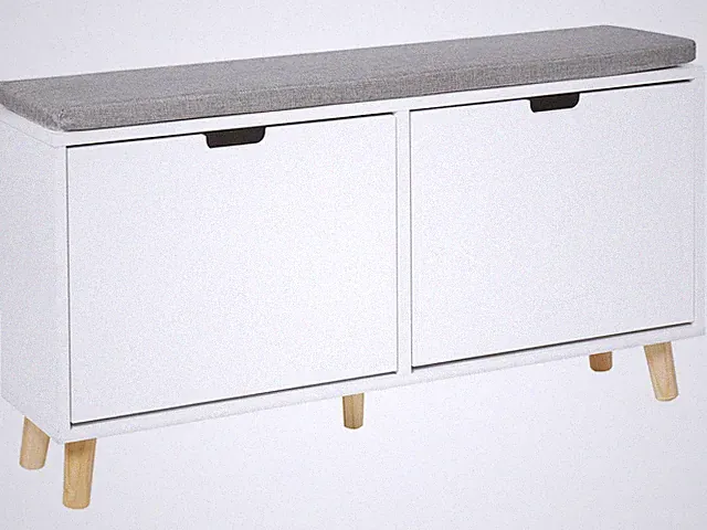 Schuhschrank mit Sitzbank MDF weiß grau Kissen 2 Klapptüren Flurmöbel Mineral