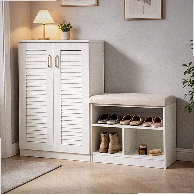 Schuhschrank mit Sitzbank Weiß 120cm L-Form 9 Ablagen für 24 Paar Schuhe Flur