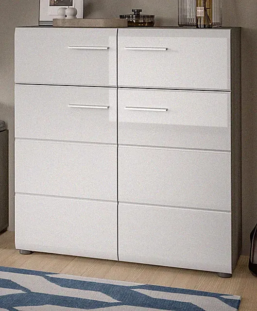 Schuhschrank weiß Hochglanz und Rauchsilber grau Schuhkommode 80 x 90 cm Rumba