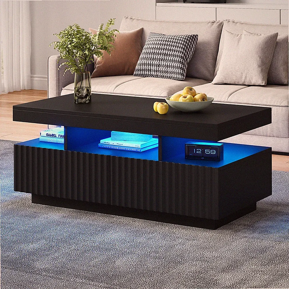 Schwarz Couchtisch Wohnzimmertisch mit LED Beleuchtung Beistelltisch 2 Schublade