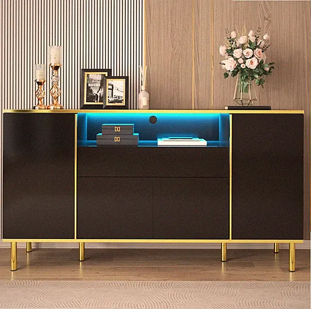 Schwarz Hochglanz Sideboard Kommode Mit LED-Beleuchtung 4 Türen Schublade Modern