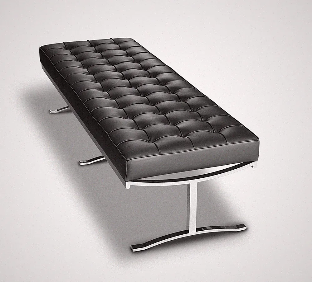 Schwarze Bauhaus Lederbank auf poliertem Edelstahl für Loft Hotel Café 100-160cm
