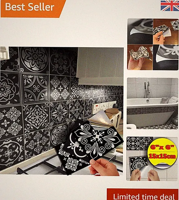 Schwarze Fliesenaufkleber zum einfachen Abziehen und Aufkleben - 48 robuste Mosaik-Designs für Zuhause
