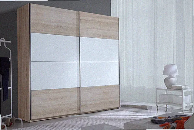 Schwebetürenschrank "Beta" Kleiderschrank 221cm sonoma eiche hell weiß