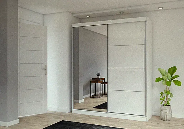 Schwebetürenschrank Garderobenschrank Schrank+Spiegel Semigloss-Claudia 35-200