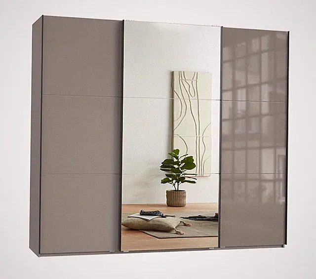 Schwebetürenschrank Kleiderschrank 250 cm Vollausst. Spiegel Glasfront Sand Grau