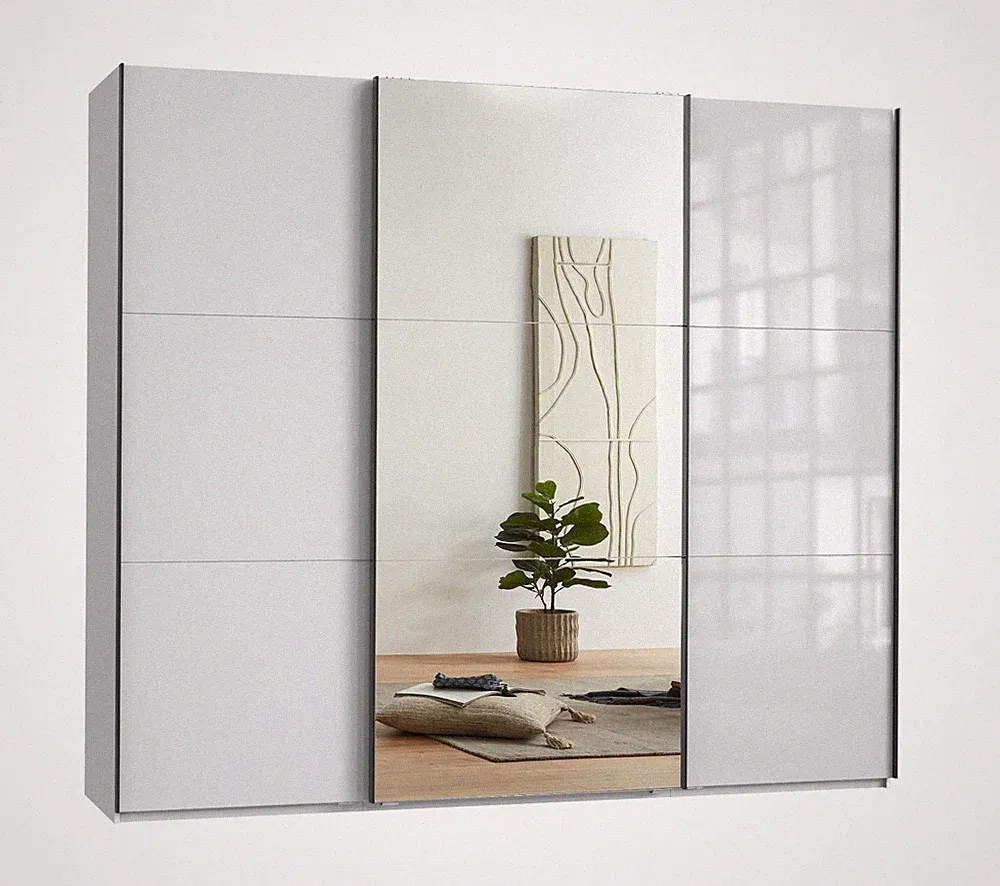 Schwebetürenschrank Kleiderschrank 250 cm Vollausstattung Spiegel Glasfront Weiß