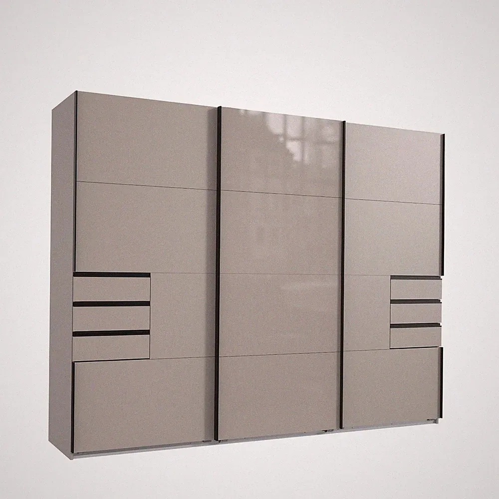 Schwebetürenschrank Kleiderschrank 3-trg 270 cm Sandgrau, Glasfront Schubkästen