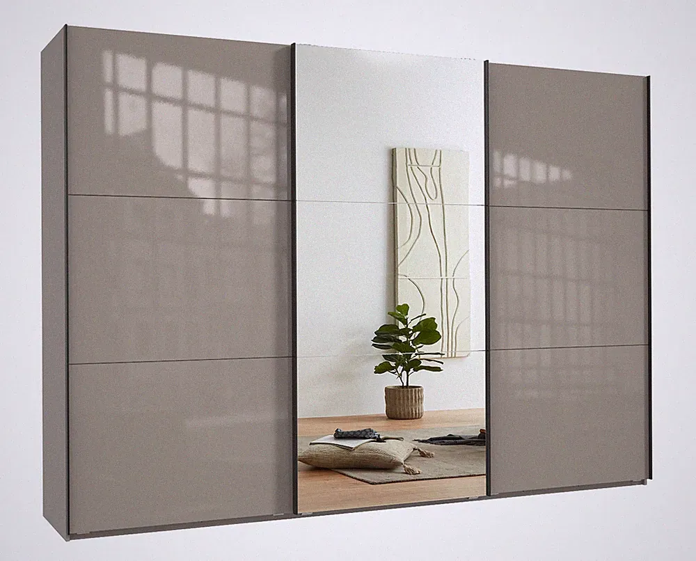 Schwebetürenschrank Kleiderschrank 300 cm Vollausst. Spiegel Glasfront Sand Grau