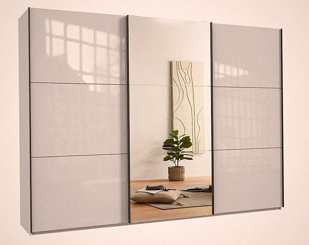 Schwebetürenschrank Kleiderschrank 300 cm Vollausstattung Spiegel Glasfront Weiß