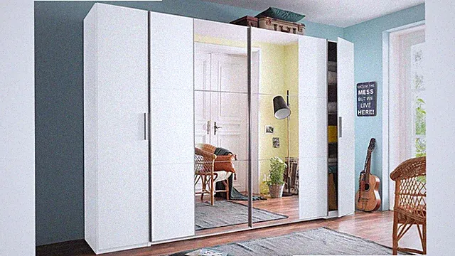 Schwebetürenschrank Kronach Kleiderschrank in alpinweiß mit Spiegel 312 cm