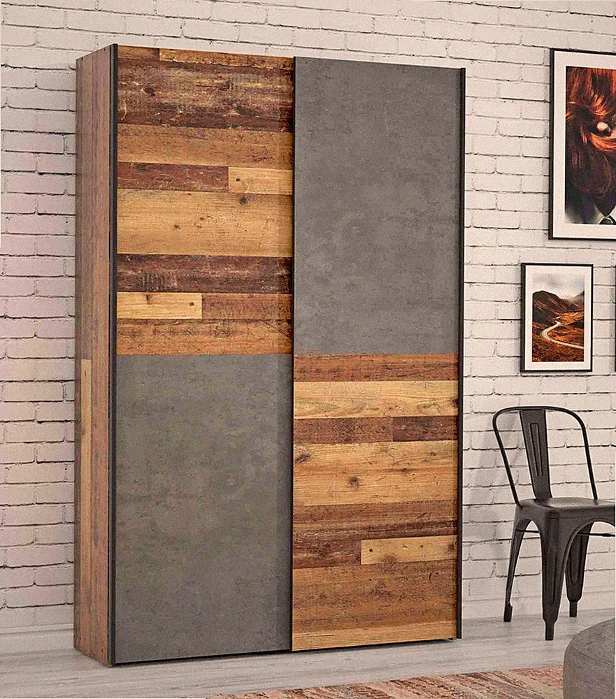 Schwebetürenschrank Mehrzweckschrank OZZULA Old Wood Vintage und Beton