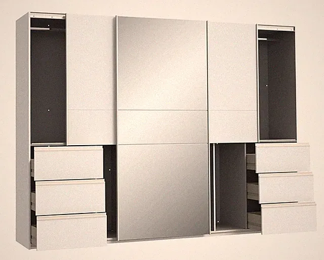 Schwebetürenschrank mit Spiegel 3 Türen 6 Schubladen Weiß matt 270 x 201 cm