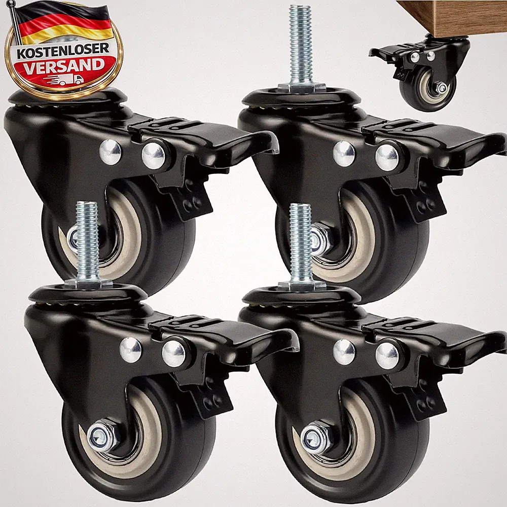 Schwerlast Möbelrollen 50mm mit Bremse für Möbel Geräte Leise Gummi Stahl