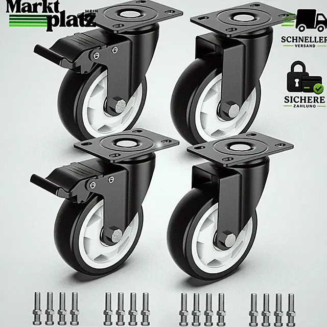 Schwerlastrollen 100mm bis 600kg 4er Set mit Bremsen für Möbel Transportrollen