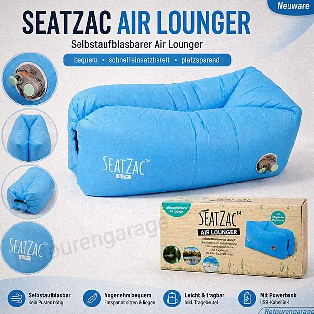 SeatZac Air Lounger selbstaufblasbar blau mit Powerbank Tragetasche NEU