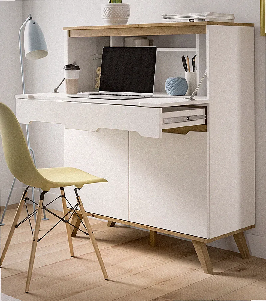 Sekretär matt weiß echt und Eiche Schreibtisch Kommode Soft-Close 8 Fächer Hygge