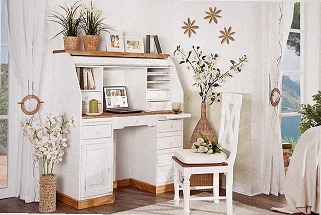 Sekretär Schreibtisch Homeoffice - Pinie Weiß Natur Massivholz - Landhausstil